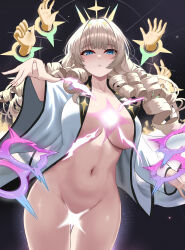  1girl absurdres blonde_hair blue_eyes blush breasts covered_pussy cowboy_shot crown crown_(naked_king)_(nikke) crown_(nikke) disembodied_hand drill_hair goddess_of_victory:_nikke highres large_breasts light_censor light_particles long_hair long_sleeves looking_at_viewer multiple_hands naked_robe open_clothes open_robe parted_lips pointing pointing_at_viewer robe s_redbutterfly solo stomach too_many_drills twisted_hair white_robe 