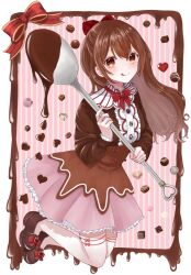  1girl blush bow brown_eyes brown_hair center_frills chocolate dress footwear_bow frills hair_bow highres holding holding_spoon loafers long_hair long_sleeves original oversized_object shoes smile solo spoon suzuko_(suzukosz) thighhighs tongue tongue_out valentine 