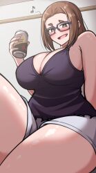  1girl bare_shoulders beer_can black-framed_eyewear black_tank_top blush breasts brown_eyes brown_hair can cleavage drink_can drunk from_behind glasses highres holding holding_can kaii_to_otome_to_kamikakushi kiteman442 large_breasts looking_at_viewer mole mole_under_eye musical_note ogawa_sumireko open_mouth shiny_skin shirt shorts sleeveless sleeveless_shirt smile solo tank_top thick_eyebrows thick_thighs thighs white_shorts  rating:Sensitive score:27 user:danbooru