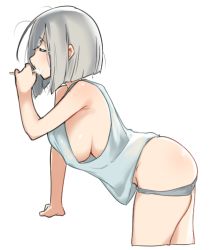 10s 1girl ass bad_id bad_pixiv_id bare_shoulders blouse bob_cut breasts brushing_teeth cowboy_shot closed_eyes from_side grey_panties groin hamakaze_(kancolle) hand_up holding kantai_collection kei_(soundcross) large_breasts leaning_forward messy_hair panties panty_pull shirt short_hair sideboob silver_hair simple_background sleepy sleeveless sleeveless_shirt solo tears toothbrush underwear white_background rating:Questionable score:34 user:danbooru