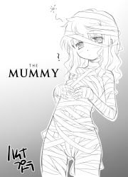  1girl bandages blush collarbone covered_erect_nipples english_text flat_chest gluteal_fold gradient_background grey_background japanese_text loli long_hair monochrome monster_girl mummy question_mark solo thighs wavy_hair white_background  rating:Questionable score:22 user:Squishy<3