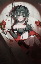 1girl :d absurdres bare_shoulders bathtub black_bra black_choker black_eyes black_gloves black_hair black_nails blood blood_on_face blood_on_hands blush bra breasts choker cleavage commentary elbow_gloves english_commentary fingerless_gloves fishnet_thighhighs fishnets flower gloves hands_up highres knees_up knife lace_trim looking_at_viewer medium_breasts noah_(0noah) o-ring o-ring_choker open_mouth original partially_submerged red_flower sidelocks smile solo spotlight stomach strapless strapless_bra thighhighs tile_wall tiles underwear