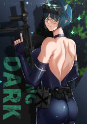  1girl absurdres ass bare_shoulders belt belt_pouch blue_eyes blue_hair breasts cowboy_shot fax61209 glasses gun highres horns large_breasts leotard looking_back lv1_maou_to_one_room_yuusha pointy_ears polygonal_suppressor pouch shadow solo suppressor sweat utility_belt weapon yellow-framed_eyewear zenia_(lv1_maou_to_one_room_yuusha)  rating:Sensitive score:11 user:danbooru