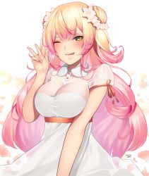 1girl blonde_hair blush breasts breasts_squeezed_together cleavage collared_dress cowboy_shot double_bun dress flower gradient_hair green_eyes hair_bun hair_flower hair_ornament half-closed_eye hand_up highres hololive huusri large_breasts long_hair looking_at_viewer momosuzu_nene multicolored_hair one_eye_closed pink_hair see-through see-through_cleavage see-through_sleeves short_sleeves simple_background smile solo tongue tongue_out underbust v virtual_youtuber w white_dress rating:Sensitive score:3 user:danbooru