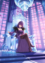  1girl bare_shoulders breasts brown_pantyhose chandelier cleavage cocktail_glass crossed_legs cup detached_collar dress drinking_glass fate/grand_order fate_(series) feather_trim high_heels highres jewelry kamo_ashi large_breasts long_hair long_sleeves looking_at_viewer pantyhose pendant purple_dress purple_hair red_eyes scathach_(fate) scathach_skadi_(fate) sitting solo throne tiara 