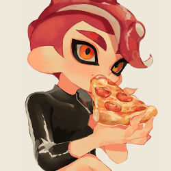  1boy agent_8_(splatoon) asymmetrical_sleeves black_shirt commentary crop_top eating fangs food food_in_mouth food_on_face holding holding_food holding_pizza male_focus midriff navel nintendo octoling_boy octoling_player_character orange_eyes pepperoni pizza pizza_slice red_hair shirt short_hair solo splatoon_(series) splatoon_2 splatoon_2:_octo_expansion suction_cups tentacle_hair thick_eyebrows uneven_sleeves upper_body white_background ze090 