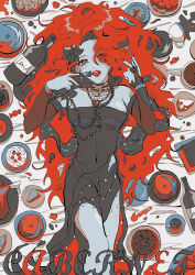  1girl :o black_dress blue_eyes bottle breasts cabernet_(path_to_nowhere) candy character_name covered_navel dress eating flower food fork from_above hair_flower hair_ornament hair_over_one_eye hand_up highres holding holding_fork jewelry limited_palette lipstick looking_at_viewer lying makeup meat mole mole_under_mouth necklace on_back open_mouth path_to_nowhere red_hair red_nails shizuku_kaworu small_breasts solo spill v wine_bottle wrapped_candy 