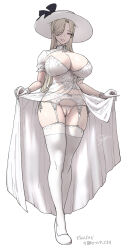  1girl breasts cleft_of_venus curvy garter_belt garter_straps gloves grin hat huge_breasts long_hair looking_at_viewer miyamoto_issa mole mole_on_thigh mole_under_eye original panties partially_visible_vulva side-tie_panties smile solo standing thighhighs underwear unfinished white_background white_gloves white_thighhighs 