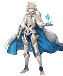 1boy armor barefoot blue_cape blue_pants cape corrin_(fire_emblem) corrin_(male)_(hoshido_noble)_(fire_emblem) dragonstone fire_emblem fire_emblem_fates fire_emblem_heroes gauntlets grey_hair highres looking_at_viewer male_focus nintendo non-web_source official_alternate_costume official_art pants pointy_ears red_eyes rope shimenawa solo tachi-e white_armor white_cape