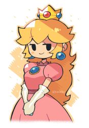  1girl absurdres black_eyes blonde_hair blush breasts commentary cropped_legs crown dress earrings elbow_gloves gloves highres jewelry long_hair mario_(series) medium_breasts nintendo paper_mario paper_mario:_the_thousand_year_door pink_dress princess_peach puffy_short_sleeves puffy_sleeves rariatto_(ganguri) short_sleeves simple_background smile smug solo symbol-only_commentary twitter_username very_long_hair white_gloves 