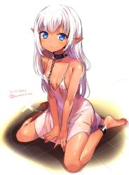  1girl 2016 bare_shoulders bdsm blue_eyes blush breasts chain collar collarbone dark-skinned_female dark_skin dated elf full_body highres konbu_wakame loli long_hair looking_at_viewer nightgown pointy_ears see-through sitting slave small_breasts solo twitter_username wariza white_hair  rating:Questionable score:61 user:danbooru
