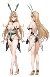 1girl absurdres blonde_hair bodysuit breasts cleavage earrings high_heels highres jewelry mythra_(xenoblade) rabbit_ears rabbit_tail side_bangs solo vodka13 xenoblade_chronicles_(series) xenoblade_chronicles_2 yellow_eyes  rating:Sensitive score:19 user:Moskoto