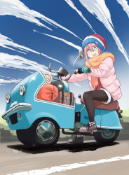  1girl aqua_gloves artist_name beanie black_pantyhose blue_eyes blue_shorts blue_sky cloud cloudy_sky coat commentary dated day gloves grey_footwear hat highres kagamihara_nadeshiko long_hair long_sleeves looking_at_viewer motor_vehicle motorcycle multicolored_clothes multicolored_hat on_motorcycle open_clothes open_coat open_mouth orange_scarf outdoors pantyhose pantyhose_under_shorts pink_coat pink_hair retsumaru riding road scarf shoes short_shorts shorts signature sitting sky smile solo yurucamp 