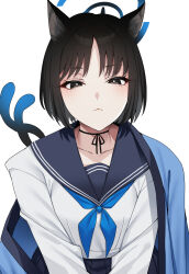  1girl animal_ears asakawa_(outeq) black_eyes black_hair black_sailor_collar black_skirt blue_archive blue_halo blue_neckerchief cat_ears cat_tail closed_mouth halo haori highres japanese_clothes kikyou_(blue_archive) long_sleeves looking_at_viewer multiple_tails neckerchief pleated_skirt sailor_collar school_uniform serafuku short_hair simple_background skirt solo tail two_tails white_background 