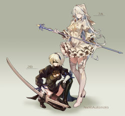  2girls absurdres boots cleavage_cutout clothes_lift clothing_cutout copyright_name gradient_background heels high_heel_boots high_heels highres multiple_girls nier:automata nier_(series) no_bra on_one_knee simple_background skirt skirt_lift sword thighhighs weapon yorha_no.2_type_b 
