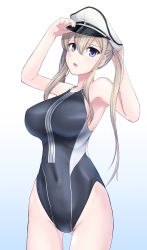 10s 1girl adjusting_clothes adjusting_headwear blonde_hair blue_eyes blue_one-piece_swimsuit breasts competition_swimsuit covered_navel cowboy_shot gluteal_fold gradient_background graf_zeppelin_(kancolle) hassen_(8cm) hat kantai_collection large_breasts long_hair one-piece_swimsuit open_mouth peaked_cap simple_background solo swimsuit twintails upper_body rating:Sensitive score:8 user:danbooru