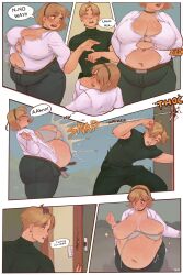  1boy 1girl ashley_graham belly bra breasts bursting_belly comic english_text fat highres large_breasts leon_s._kennedy navel nipples obese popped_button resident_evil resident_evil_4 tashoelle underwear weight_gain 