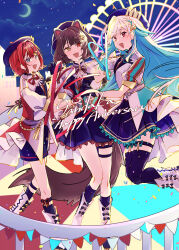  3girls :d absurdres ange_katrina animal_ears ban_(inui_toko) beret blue_bow blue_eyes blue_gloves blue_hair blue_hat blue_jacket blue_ribbon blue_shorts blue_skirt blue_socks blue_thighhighs blue_vest blunt_bangs boots bow braid brown_hair brown_ribbon building bunting cloud cloudy_sky collared_jacket colored_inner_hair commentary_request confetti crescent_moon crown_hat_ornament dog_ears dog_girl dog_tail english_text engrish_text eyelashes fang ferris_wheel flipped_hair flower footwear_bow french_braid frilled_skirt frills gloves grey_hair hair_flower hair_ornament hairclip hands_up happy_anniversary hat heterochromia highres holding_hands idol_clothes interlocked_fingers inui_toko jacket jumping ken_(inui_toko) knee_boots kneehighs lapels layered_clothes legwear_garter lize_helesta long_hair looking_at_viewer looking_to_the_side low_twin_braids moon muji38 multicolored_clothes multicolored_hair multicolored_jacket multiple_girls neck_ribbon night night_sky nijisanji open_clothes open_jacket open_mouth outdoors overskirt pennant plain_epaulettes pleated_skirt puffy_short_sleeves puffy_sleeves railing ranguage red_eyes red_hair red_jacket red_ribbon ribbon sanbaka_(nijisanji) sanbaka_anniversary_outfit shirt short_sleeves shorts side_braid sideways_glance skin_fang skirt sky smile socks star_(sky) starry_sky string_of_flags swept_bangs tail thigh_strap thighhighs triangle_hair_ornament twin_braids typo very_long_hair vest virtual_youtuber white_footwear white_jacket white_shirt white_skirt window yellow_eyes yellow_rope yellow_tassel 