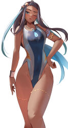  1girl aqua_hair armlet black_hair blue_eyes blue_one-piece_swimsuit competition_swimsuit covered_navel creatures_(company) dark-skinned_female dark_skin dynamax_band earrings game_freak groin hair_bun hand_on_own_hip highleg highleg_swimsuit highres hoop_earrings jewelry long_hair looking_at_viewer momdy_(talesshinja) multicolored_clothes multicolored_hair multicolored_swimsuit necklace nessa_(pokemon) nintendo one-piece_swimsuit one_eye_closed open_mouth orange_one-piece_swimsuit pokemon pokemon_swsh single_hair_bun solo swimsuit thighlet two-tone_hair white_background white_one-piece_swimsuit  rating:Sensitive score:48 user:danbooru