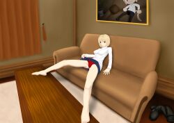  :3 absurdres arcueid_brunestud bare_leg barefoot blonde_hair blue_skirt boots breasts cameltoe carnival_phantasm cat_tail clothes_lift couch feet feet_on_table foreshortening highres legs long_sleeves looking_at_viewer lying matsuoka_sagato medium_breasts miniskirt neco-arc no_lineart on_back panties perspective picture_frame pillow presenting red_eyes red_panties room shadow short_hair sitting skirt skirt_lift smile spread_legs sweater table tail tsukihime tsukihime_(remake) underwear unworn_boots white_sweater wooden_table  rating:Questionable score:3 user:EroDHB