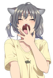 1girl animal_ear_fluff animal_ears asymmetrical_hair blush cat_ears cat_tail closed_eyes collarbone commentary_request covering_own_mouth facing_viewer fangs fish_hair_ornament grey_hair hair_ornament hand_up low_ponytail mattaku_mousuke one_side_up original shirt short_hair short_sleeves simple_background solo tail tears upper_body white_background yawning yellow_shirt rating:Sensitive score:14 user:danbooru