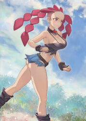  1girl alternate_breast_size ass belt blue_shorts blush boots breasts brown_belt cleavage clenched_hands closed_mouth cloud creatures_(company) day earrings game_freak grey_eyes jewelry large_breasts legs_apart micro_shorts nintendo outdoors pink_hair pokemon pokemon_xy punk_girl_(pokemon) shirt shorts sky sleeveless sleeveless_shirt solo standing yugen99  rating:Sensitive score:26 user:danbooru