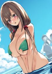 1girl :o arms_between_legs bare_shoulders bikini bikini_top_only blush bottomless breasts brown_hair cleavage cloud collarbone covering_privates covering_crotch gen_(black_factory) hands_together highres large_breasts long_hair looking_down micro_bikini navel ocean open_mouth original outdoors partially_submerged pink_eyes scrunchie sky solo_focus sweatdrop swimsuit torn_clothes wardrobe_malfunction wet rating:Questionable score:64 user:Parcheliam