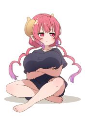 1girl :t absurdres averting_eyes barefoot black_shirt breasts crossed_arms crossed_legs dragon_girl dragon_horns feet full_body highres horns huge_breasts ilulu_(maidragon) kicchi_(tmgk) kobayashi-san_chi_no_maidragon large_breasts long_hair multicolored_hair pink_hair pointy_ears pout red_eyes red_hair shirt simple_background sitting slit_pupils solo twintails white_background rating:Sensitive score:60 user:danbooru