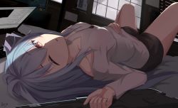 1girl arisiar artist_name assault_rifle bedroom window_blinds blue_hair breasts brown_eyes computer g11_(girls&#039;_frontline) girls&#039;_frontline gun half-closed_eye indoors laptop long_hair looking_at_viewer loungewear on_bed one_eye_closed parted_lips rifle short_shorts shorts signature small_breasts solo thighs weapon window rating:Sensitive score:19 user:danbooru