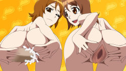  1boy 2girls :d anus ass bent_over brown_eyes brown_hair censored cum cum_in_pussy from_behind group_sex happinesscharge_precure! hetero highres looking_back mosaic_censoring multiple_girls nude oomori_ai oomori_yuuko open_mouth penis precure pussy sex smile spread_pussy vaginal wince 