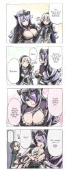  1boy 2girls blonde_hair breasts camilla_(fire_emblem) cleavage comic corrin_(female)_(fire_emblem) corrin_(fire_emblem) english_text fire_emblem fire_emblem_fates gradient_background hair_over_one_eye highres hug large_breasts leo_(fire_emblem) long_hair multiple_girls nintendo purple_hair red_eyes translated unamused whace  rating:Sensitive score:28 user:moe-imouto