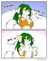  1girl 2koma :3 animal_ear_fluff animal_ears animal_hands animal_nose artist_name blush body_fur border breasts breath cat_girl closed_eyes closed_mouth comic cropped_jacket crossed_arms ears_down english_text female_focus fox_ears fox_girl fox_tail furry furry_(fandom) furry_female green_eyes green_hair half-closed_eyes hands_up happy heart highres jacket long_hair long_sleeves looking_at_viewer matching_hair/eyes medium_breasts motion_lines multiple_views naked_jacket neck_fur off_shoulder open_clothes open_jacket open_mouth orange_jacket original ponytail puff_of_air sidelocks smile sollyz sollyz_(sollyz) speech_bubble spoken_heart standing tail tail_wagging talking twitter_username two-tone_fur u_u undressing upper_body watermark whiskers white_border white_fur yellow_fur 