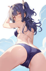 1girl ass back bare_shoulders bikini black_hair blue_bikini blush breasts brown_eyes cameltoe closed_mouth from_behind frown hair_ribbon highres long_hair looking_at_viewer looking_back medium_breasts open_mouth original ribbon rikudou_inuhiko shoulder_blades solo spread_legs swimsuit two_side_up