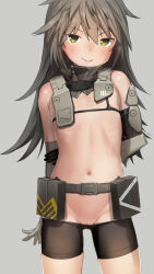  1girl alice_gear_aegis arms_behind_back belt belt_pouch bike_shorts blush clothes_pull elbow_gloves flat_chest gloves grey_hair hair_between_eyes highres loli long_hair looking_at_viewer navel pouch pulled_by_self pussy pussy_peek revealing_clothes sasayuki shinonome_chie shorts shorts_pull smile solo yellow_eyes 