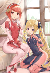 2girls :d alternate_costume black_bodysuit blonde_hair bodysuit bow breasts commission cosplay covered_navel curtains day drill_hair earrings elise_(fire_emblem) fire_emblem fire_emblem_fates full_body hair_bow hairband hand_to_own_mouth haru_(nakajou-28) highres indoors jewelry kneeling long_hair looking_at_viewer multicolored_hair multiple_girls nintendo on_bed open_mouth pink_bodysuit pink_hair pointing pointing_at_self purple_eyes purple_hair red_bodysuit red_eyes sakura_(fire_emblem) samus_aran samus_aran_(cosplay) short_hair sitting skeb_commission small_breasts smile sunlight sweatdrop swept_bangs teeth twin_drills twintails two-tone_bodysuit two-tone_hair upper_teeth_only very_long_hair white_hairband window
