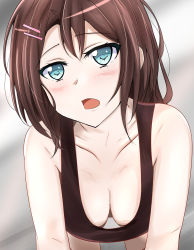 10s 1girl all_fours bang_dream! bare_shoulders blue_eyes blush breasts brown_hair cleavage downblouse extended_downblouse hair_ornament hairclip hanging_breasts highres large_breasts long_hair looking_at_viewer moppy_oekaki no_bra okusawa_misaki open_mouth solo tank_top 