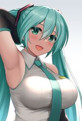 1girl aqua_eyes aqua_hair aqua_necktie arm_up armpits backlighting blush breasts collared_shirt covered_erect_nipples detached_sleeves grey_shirt hair_between_eyes half_updo hatsune_miku highres hormone_koijirou large_breasts lips long_hair looking_at_viewer necktie open_mouth revision shirt sideboob simple_background smile solo twintails upper_body vocaloid white_background wing_collar rating:Sensitive score:35 user:danbooru