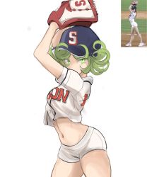 1girl :t arms_up ball baseball baseball_cap baseball_glove baseball_uniform breasts choi_seol-hwa commentary cowboy_shot crop_top english_commentary full_body green_eyes green_hair hat highres holding holding_ball looking_at_viewer midriff navel one-punch_man pantylines photo_inset playing_sports rakeemspoon reference_inset reference_photo shirt shoes short_hair short_sleeves shorts small_breasts sneakers socks solo sportswear standing stomach tatsumaki white_footwear white_shorts white_socks rating:Sensitive score:178 user:danbooru