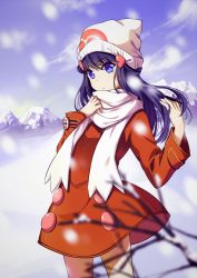  blue_eyes blue_hair coat creatures_(company) dawn_(pokemon) dress game_freak hat highres long_hair looking_at_viewer nintendo pokemon scarf snow tagme winter_clothes winter_coat  rating:Sensitive score:16 user:Icedragon21