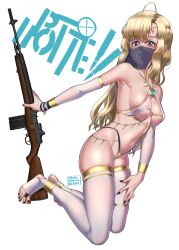  1girl absurdres ahoge anklet arabian_clothes armlet armpits bare_shoulders battle_rifle bedlah black_nails blonde_hair blue_brooch blue_eyes bracelet breasts brooch dancer detached_sleeves gun hair_ornament harem_outfit highres holding holding_gun holding_weapon jewelry kneeling long_hair looking_at_viewer m14 medium_breasts puto_trash revealing_clothes rifle stomach thighhighs thighlet thong upotte!! veil very_long_hair weapon 