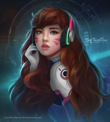  1girl abstract_background aqua_background artist_name backlighting bodysuit brown_eyes brown_hair d.va_(overwatch) eyelashes eyeshadow facepaint facial_mark from_side gloves hair_over_breasts headphones high_collar highres lips long_hair looking_at_viewer looking_to_the_side makeup nose overwatch overwatch_1 parted_lips pilot_suit pink_lips portrait resolution_mismatch ribbed_bodysuit shoulder_pads signature skin_tight solo source_larger swept_bangs tiny_thanh_truc watermark wavy_hair web_address whisker_markings white_gloves  rating:Sensitive score:6 user:danbooru