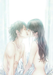  1boy 1girl affectionate bed bed_sheet brown_hair censored closed_eyes couple curtains highres kinoebi kiss light lips long_hair mole mole_under_eye nipples nude on_bed original sitting 
