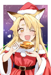 1girl animal_ear_fluff animal_ears ariyoshi_gen asymmetrical_bangs bare_shoulders belt blonde_hair blurry blurry_background blush chicken_(food) chicken_leg christmas detached_sleeves dress drooling fangs food fox_ears hat heart holding holding_food looking_at_viewer motion_lines open_mouth orange_eyes original paid_reward_available pom_pom_(clothes) santa_costume santa_hat skin_fangs smile solo sparkle strapless strapless_dress thick_eyebrows upper_body yue-chan