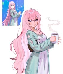  1girl ahoge blue_eyes blue_robe book breasts closed_mouth coffee commentary cup derivative_work dress english_commentary hair_between_eyes hair_ornament hairpin holding holding_cup lips long_hair long_sleeves looking_at_viewer medium_breasts megurine_luka miffuloid open_clothes open_robe pink_hair pocket project_sekai puffy_long_sleeves puffy_sleeves robe screencap_redraw simple_background smile solo standing steam vocaloid white_background white_dress 