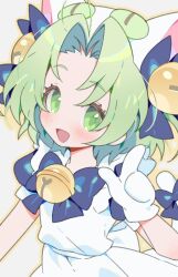  1girl :d animal_ears animal_hat apron bell blue_bow blue_bowtie blue_dress blush bow bowtie cat_ears cat_girl cat_hat cat_tail dejiko di_gi_charat dress frilled_sleeves frills gloves green_eyes green_hair hair_bell hair_bow hair_ornament hand_up hat maid maid_apron neck_bell open_mouth outline parted_bangs pointing pointing_up puffy_short_sleeves puffy_sleeves raised_eyebrows seoji short_hair short_sleeves smile solo tail tail_bow tail_ornament upper_body white_apron white_background white_gloves white_hat white_tail yellow_outline 