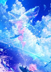  1other absurdres blue_sky canvas_(object) cherry_blossoms cherry_tree cloud cloudy_sky day easel falling_petals fish flying_whale highres humpback_whale makoron117117 manta_ray original outdoors petals revision scenery silhouette sky solo sunlight water water_drop waving whale 