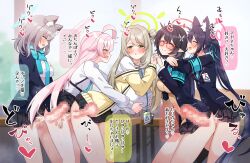  5girls absurdres animal_ears black_hair blue_archive blue_halo blue_scarf breasts censored clothed_sex cum eichan_(eichanidfi) ejaculation futa_with_female futa_with_futa futanari glasses green_halo grey_hair group_sex halo highres hoshino_(blue_archive) internal_cumshot large_breasts long_hair love_train lucky_pierre medium_breasts mosaic_censoring multiple_girls nonomi_(blue_archive) penis pink_hair scarf serika_(blue_archive) sex sex_from_behind shiroko_(blue_archive) shirt short_hair speech_bubble standing translation_request twintails white_shirt x-ray 