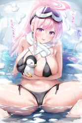 1girl animal bare_arms bare_legs bare_shoulders bikini bird black_bikini blue_archive blush breasts cameltoe eimi_(blue_archive) eimi_(swimsuit)_(blue_archive) goggles goggles_on_head halo highres large_breasts long_hair looking_at_viewer official_alternate_costume official_alternate_hairstyle open_mouth partially_submerged partially_visible_vulva penguin pink_eyes pink_hair pink_halo ponytail sayika scarf shovel smile snow solo swimsuit translation_request water white_scarf 