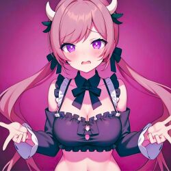  1girl absurdres animal_ears black_bow blush bow breasts cleavage cow_ears cow_horns embarrassed flustered highres horns maid medium_breasts pig_tail pink_hair purple_eyes shyne_morales solo tail tuyu_(band) under_heroine under_mentality  rating:General score:5 user:Serma