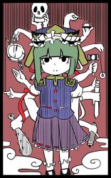  1girl asymmetrical_wings bad_id bad_pixiv_id blunt_bangs blush_stickers bobby_socks chibi cleansed_crystal_mirror cloud club club_(weapon) coin coin_on_string dot_harai epaulettes expressionless extra_arms gavel green_hair hammer hat highres holed_coin kanabou long_sleeves mary_janes pincushion pointing rod_of_remorse rolling_pin sewing_pin shiki_eiki shirt shoes skirt skull socks solid_circle_eyes solo thumbs_down thumbs_up touhou vest weapon wings 